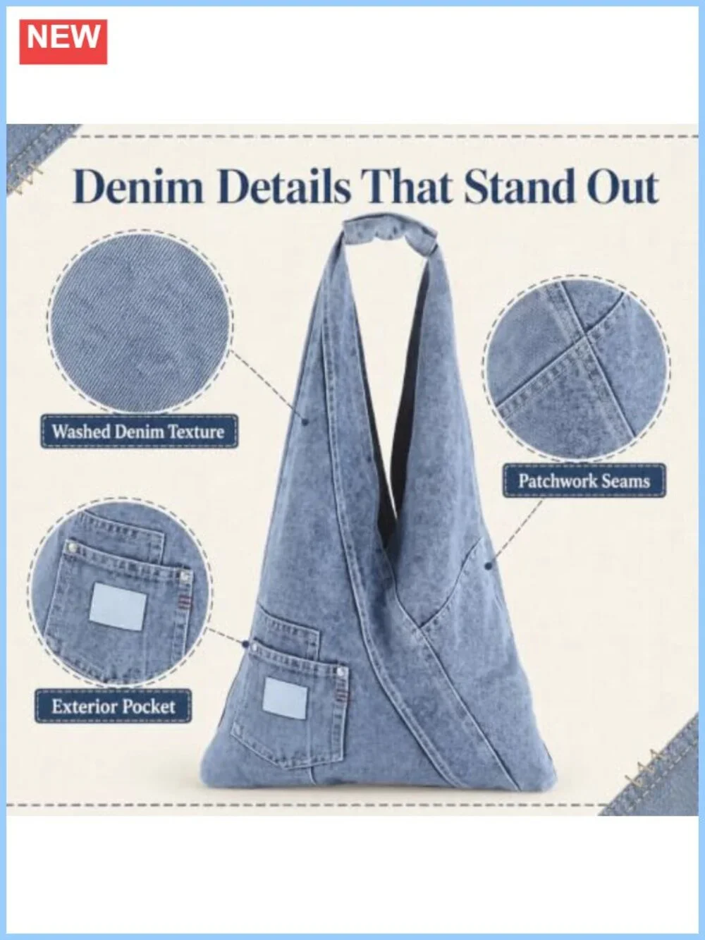 Large Retro Denim Shoulder Tote Bag for Women, Wide Strap